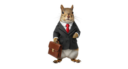 Squirrel wearing a suit and tie holding a briefcase isolated PNG with Transparent Background