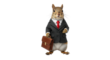 Squirrel wearing a suit and tie holding a briefcase isolated PNG with Transparent Background