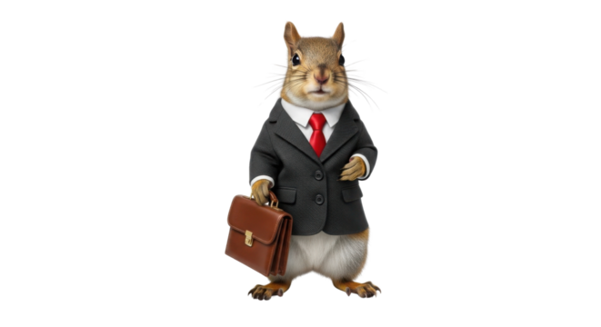 Squirrel wearing a suit and tie holding a briefcase isolated PNG with Transparent Background