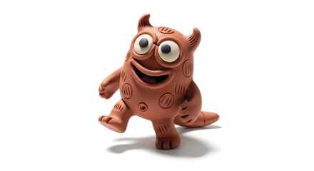 Playful Clay Monster Figure with Horns and Big Eyes on White Background.