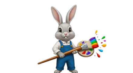 Cute bunny painter holding brush and palette with colorful paint splashes isolated PNG with Transparent Background