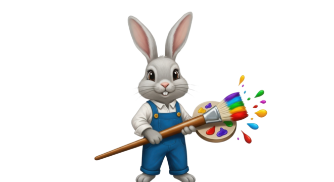 Cute bunny painter holding brush and palette with colorful paint splashes isolated PNG with Transparent Background - Powered by Adobe