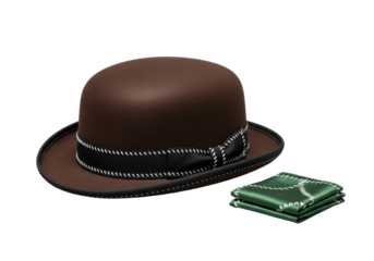 Brown felt bowler hat with white-stitched black ribbon, and dark green silk handkerchief, on clean transparent studio background. Concept for luxury product presentation