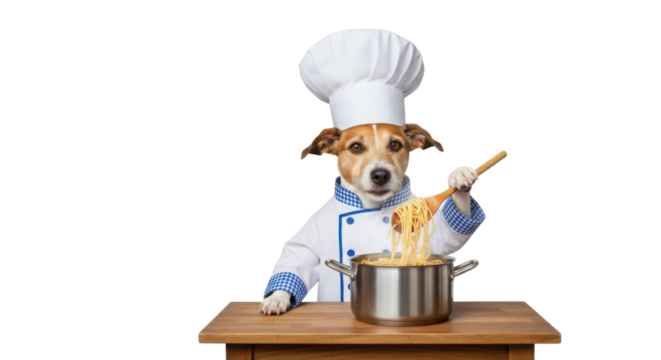 Funny Jack Russell dog dressed as a chef is cooking spaghetti isolated PNG with Transparent Background