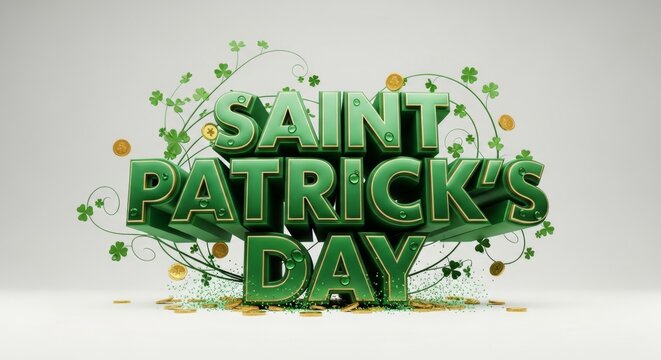 Vibrant 3D Saint Patricks Day Text with Shamrocks and Greenery.