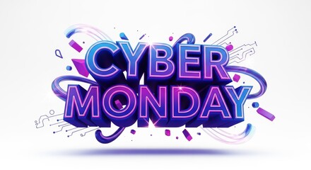 Vibrant Cyber Monday Sale Banner with Dynamic 3D Text and Abstract Elements.