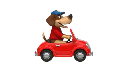 Cartoon dog character driving a red car isolated PNG with Transparent Background