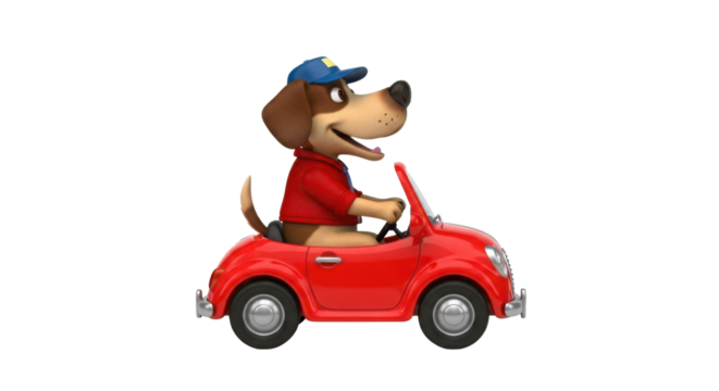 Cartoon dog character driving a red car isolated PNG with Transparent Background