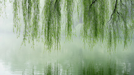willow. Weeping willow branches dipping into still water, creating ripples. gardening catalogs, home-decor guides, designed for gardening and botanical catalogs, used by cybersecurity analysts.