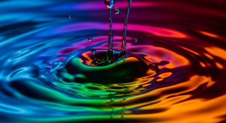 Vibrant Water Droplets Creating Colorful Ripples and Splashes on a Liquid Surface with Dynamic Light Reflections.