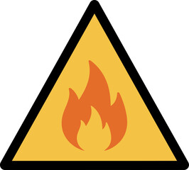 A yellow triangular warning sign with a black border, featuring an orange flame icon in the center, indicating a fire hazard.