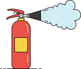 Emergency fire safety equipment, a red extinguisher spraying a cloud of foam for fire protection and prevention