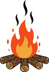 A simple cartoon illustration of a burning campfire with logs and orange flames.
