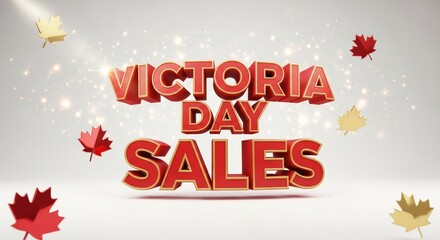 Victoria Day Sales" 3D Textured Red Text with Glittering Sparkles and Falling Maple Leaves on a Bright White Background, Perfect for Festive Holiday Promotions and Seasonal Shopping Events