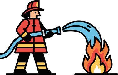 Stylized illustration of a firefighter in uniform using a hose to extinguish a small fire with water.