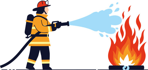 A firefighter in full gear spraying water from a hose to extinguish a large fire, illustrating emergency response and fire safety.