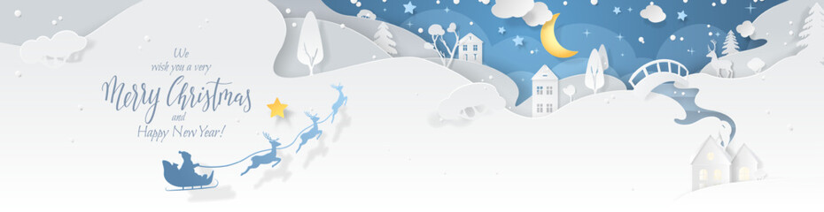Vector Xmas paper cutout silhouette of a snowy scene with Santa&rsquo;s sleigh flying over village, a river with snowdrifts, and fir trees. Background with text Merry Christmas for a holiday billboard.