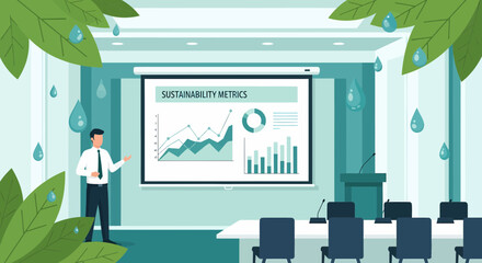 Sustainability Metrics Presentation In Meeting Room Decorated With Greenery