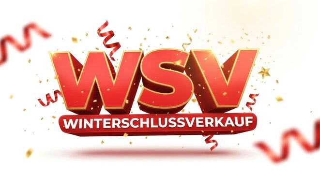 WSV Winterschlussverkauf 3D Text with Confetti and Ribbons.