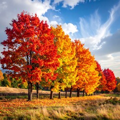 Naklejka premium Autumnal trees with brilliant colors against a clear, partly cloudy sky