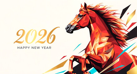 Chinese New Year 2026 — a luxurious, minimalist design featuring a silhouette of a red fire horse with gold accents on a light background. Elegant illustration, poster