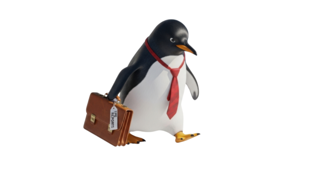 Penguin figurine wearing a tie and carrying a briefcase isolated PNG with Transparent Background