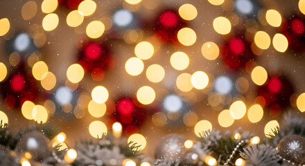 Enchanting bokeh background with warm golden and red holiday lights, adorned with frosted evergreen branches and delicate silver ornaments, creating a serene winter festive scene