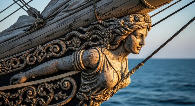 Ornate wooden figurehead of a classic sailing vessel at sea