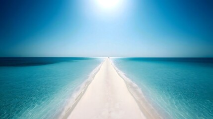 Walking on the beautiful sandy path towards the horizon at sea