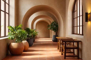 Serene mediterranean courtyard with arches lush plants and rustic seating