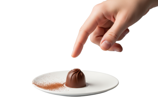 Fair-skinned hand's index finger poised above an artisanal chocolate truffle on a minimalist white plate with cocoa, isolated on transparent background. Concept of luxurious indulgence