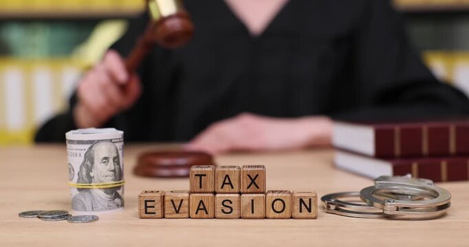 Courtroom drama unfolds as tax evasion case takes center stage with gavel slamming and monetary symbols
