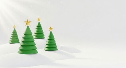Fototapeta premium Minimalist 3D scene of tiered green Christmas trees with gold stars on snowy white hills