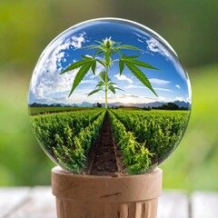 Cannabis plant and field within a crystal sphere
