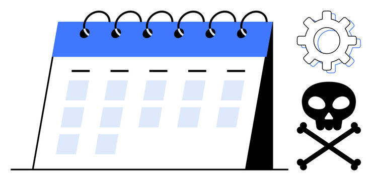 Spiral-bound calendar, highlighted days, a settings gear, and a skull crossbones emphasize planning, deadlines, risk management, productivity, warnings operations and organization. Modern flat