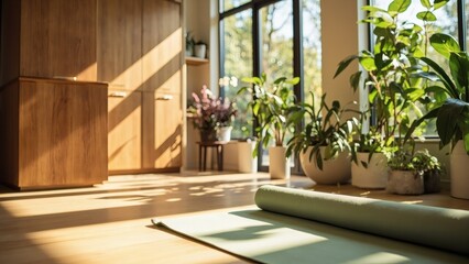 Bright indoor yoga space with plants and natural light