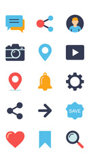 Collection of Colorful Social Media and User Interface Icons for Web and App Design.