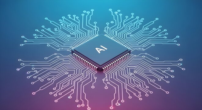 Central processing unit with AI microchip with connections concept for artificial intelligence and m