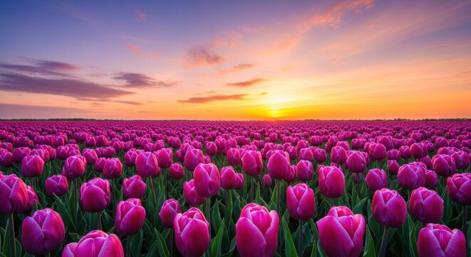 A vibrant field of pink tulips under a dramatic sunset sky.