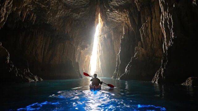 Person kayaking through illuminated cave grotto with bright light shaft on blue water exploration adventure - Powered by Adobe