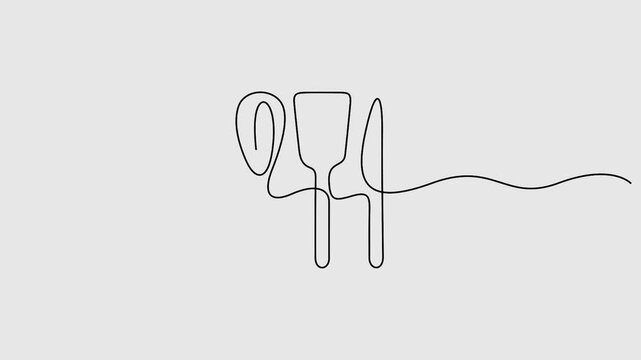 Video. Knife, spoon and spatulas continuous single line drawing animation. Full length one line 4K video clip