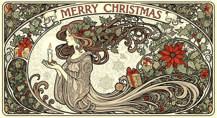 Obraz premium Vintage Christmas illustration featuring woman with candle and gifts 