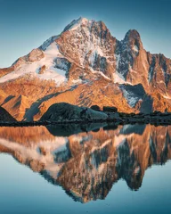 Fototapeten Gletscher Scenic Mont Blanc Massif with mountain goat on Lac Blanc reflection in French Alps at Chamonix, France  © Mumemories