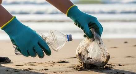 Environmental efforts: cleaning beach trash with gloves