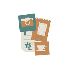Collection of Vintage-Style Scrapbook Elements with Camera, Tea Cup, and Floral Design.