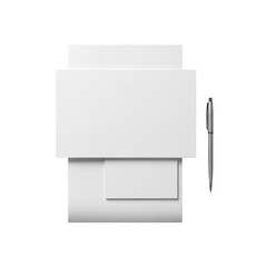 Two pristine, matte white card stock sheets, overlapping blank mockup with a slender polished silver pen, on seamless transparent background, concept of elegant professional stationery mockup