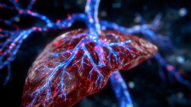 111Close-up of human liver anatomy, blood vessels highlighted in bright red and blue, realistic organ textures, soft medical lighting for clarity