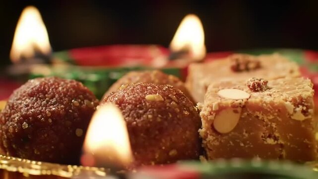 Diwali sweets and lit oil lamps.