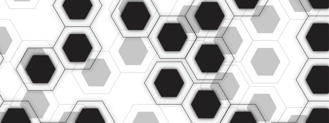 Abstract Monochrome Hexagonal Geometric Pattern with Black, White, and Gray Hexagon Pattern. Symmetrical Honeycomb Structure with Technology Themes, Futuristic Layouts, Design Projects