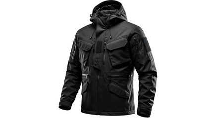 Fototapeta premium Black tactical waterproof jacket with hood and multiple pockets